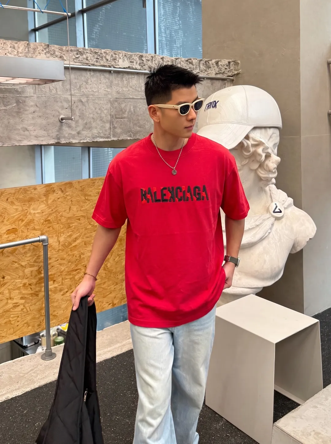P100✨🔥 [BALENCIAGA] 2026FW short-sleeved T-shirt Premium 26s double yarn 300g fabric embroidery fraying process Color: Black White Red Size: S M L XL 2XL